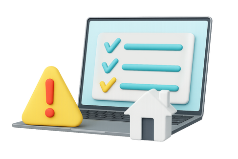 Ilustración 3D de un portátil con lista de verificación, una casa y un icono de advertencia que representa la gestión de incidencias y mantenimiento en alojamientos vacacionales.
